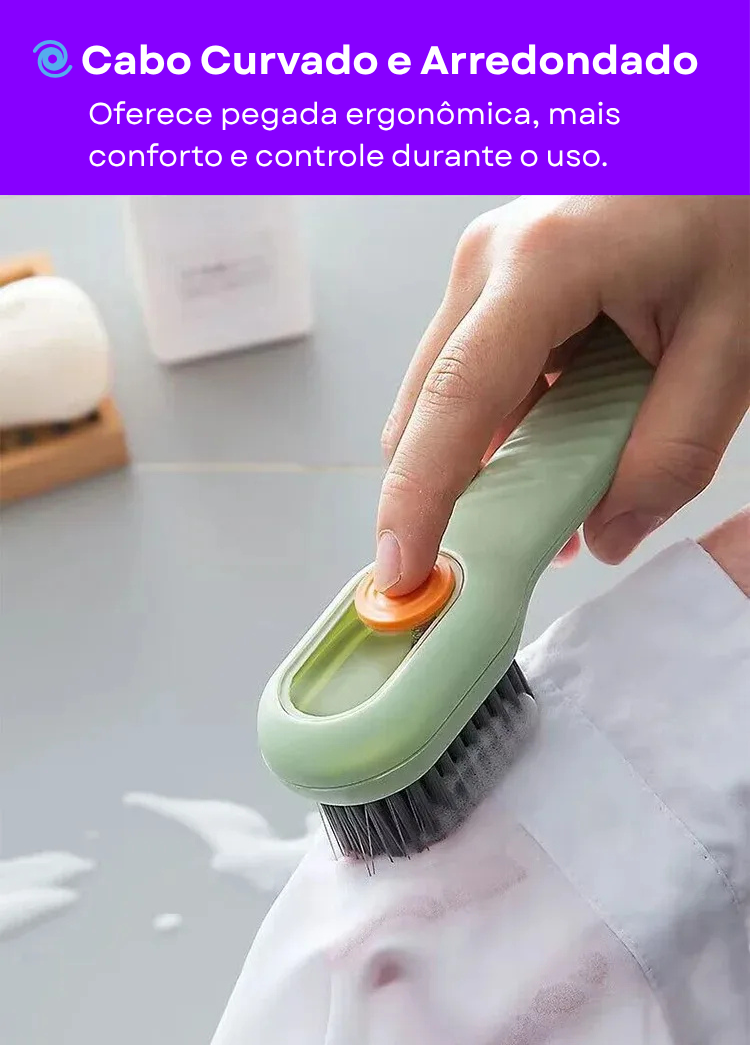 Escova de Limpeza Multifuncional com Dispenser de Sabão – Cerdas Macias e Cabo Longo