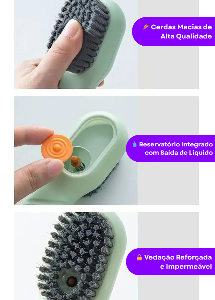 Escova de Limpeza Multifuncional com Dispenser de Sabão – Cerdas Macias e Cabo Longo