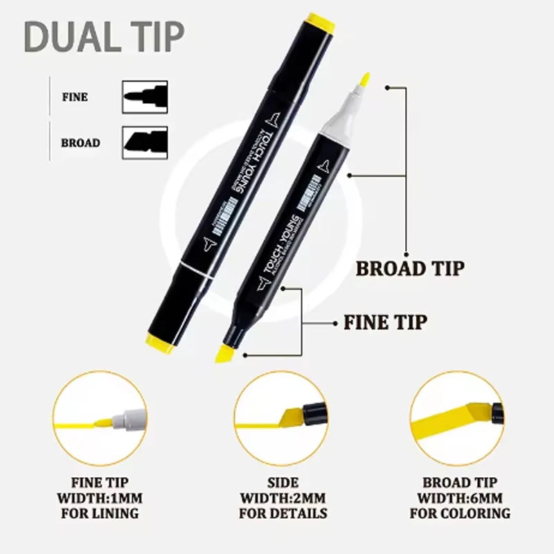 Caneta Marcador Artística Dupla Ponta – Álcool Base, Brush e Ponta Fina | Ideal para Desenho, Esboço, Mangá e Graffiti