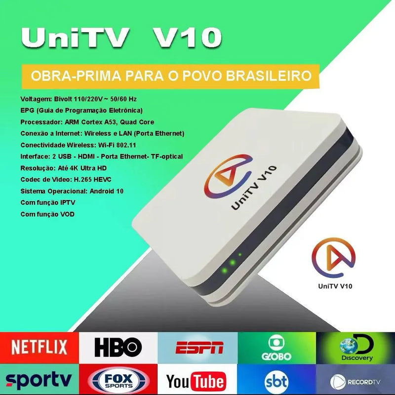 UNITV V10 Aparelho Conversor de Smart Tv Box Android 11 WiFi Assista Filmes Séries Desenhos e Canais em 1 Lugar