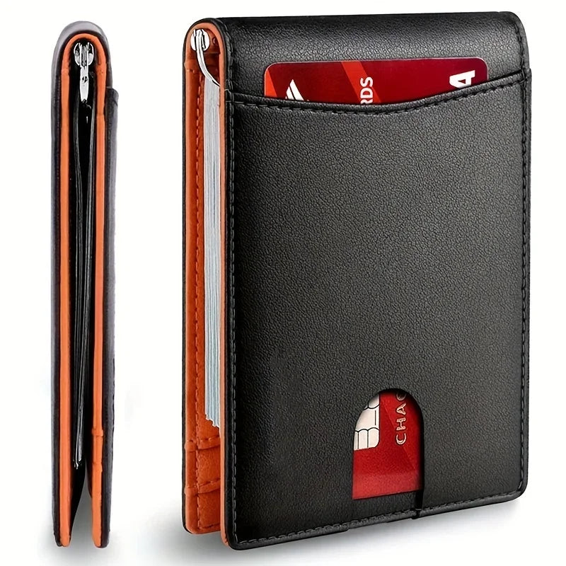 Carteira Masculina Slim em Couro Sintético – Porta-Cartões com Clipe de Dinheiro, Proteção RFID e Design Fino Dobrável