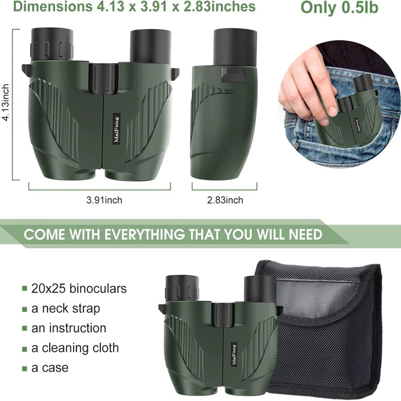 Binóculos Profissionais 20x25 HD – Portátil, à Prova d’Água, Ideal para Camping, Caça e Observação ao Ar Livre