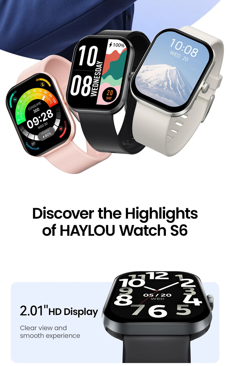 HAYLOU Watch S6 – Smartwatch com Tela HD 2.01", Chamadas por Bluetooth, IP68, Monitoramento Fitness