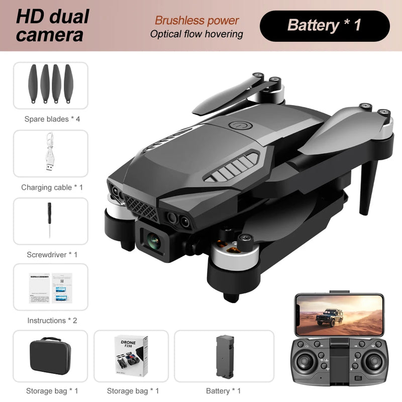 Drone KBDFA F198 Wi-Fi FPV com Câmera Dupla 1080P HD | Fotografia Aérea Profissional | Quadcopter Dobrável Brushless