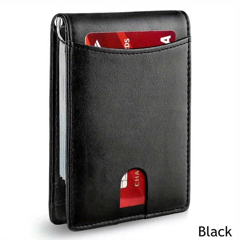 Carteira Masculina Slim em Couro Sintético – Porta-Cartões com Clipe de Dinheiro, Proteção RFID e Design Fino Dobrável