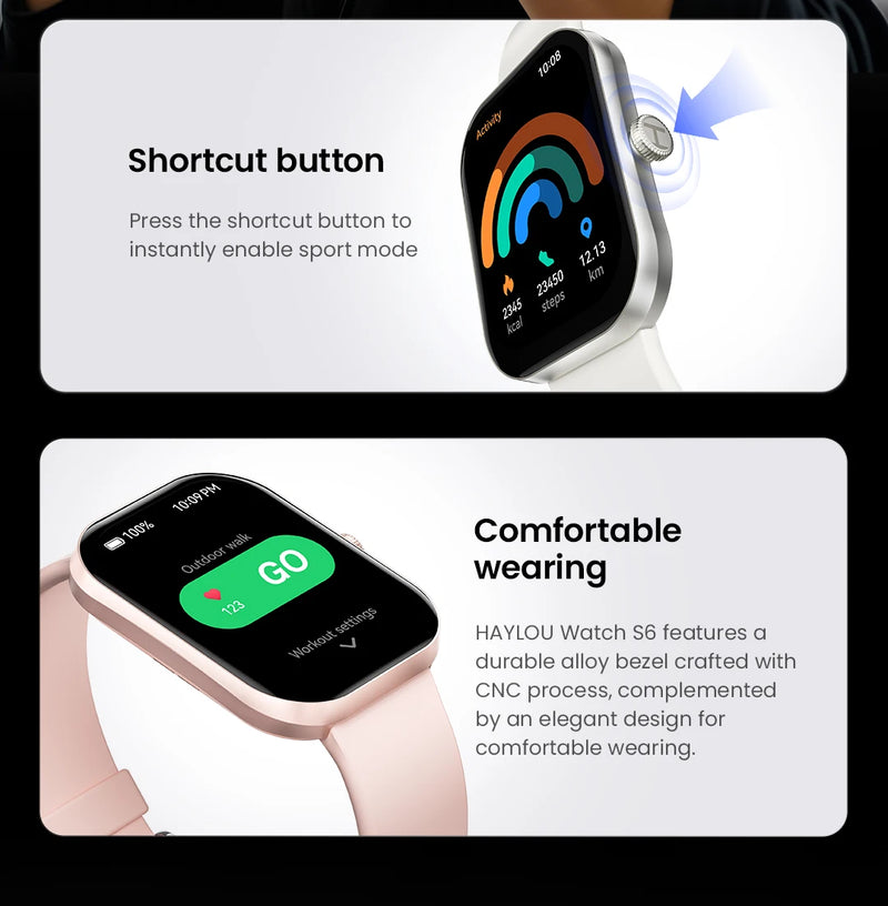 HAYLOU Watch S6 – Smartwatch com Tela HD 2.01", Chamadas por Bluetooth, IP68, Monitoramento Fitness