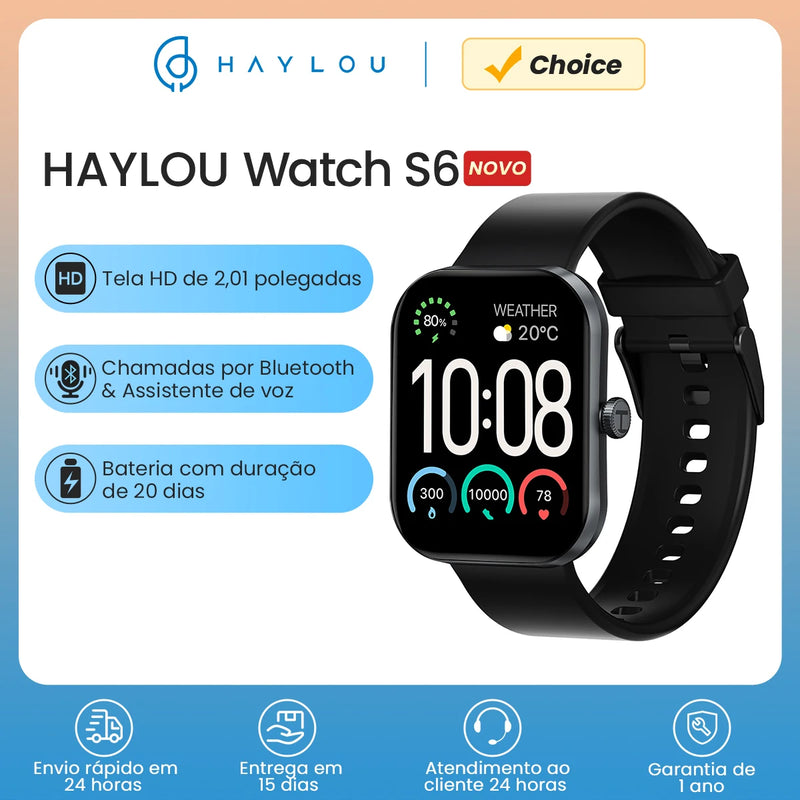 HAYLOU Watch S6 – Smartwatch com Tela HD 2.01", Chamadas por Bluetooth, IP68, Monitoramento Fitness