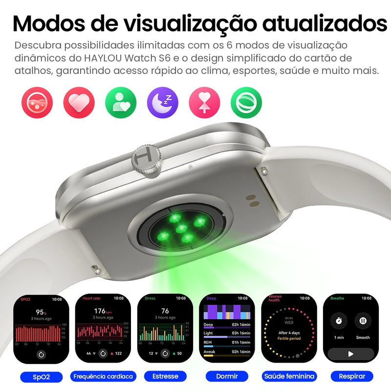 HAYLOU Watch S6 – Smartwatch com Tela HD 2.01", Chamadas por Bluetooth, IP68, Monitoramento Fitness