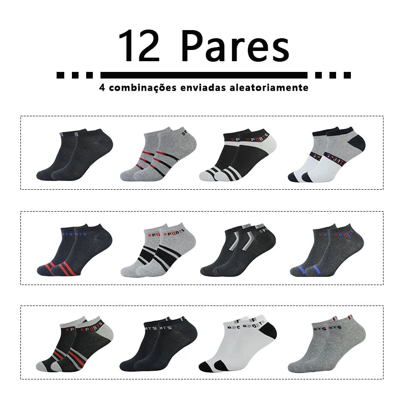 Kit com 12 Pares de Meias Masculinas Curtas Tipo Sapatilha – Leves, Respiráveis e com Algodão