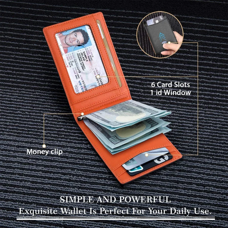 Carteira Masculina Slim em Couro Sintético – Porta-Cartões com Clipe de Dinheiro, Proteção RFID e Design Fino Dobrável