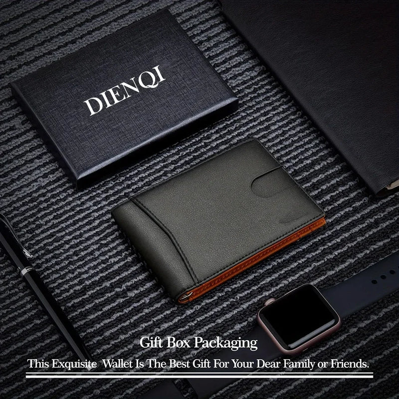 Carteira Masculina Slim em Couro Sintético – Porta-Cartões com Clipe de Dinheiro, Proteção RFID e Design Fino Dobrável