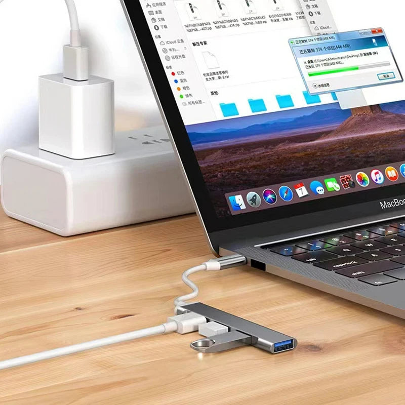 Adaptador OTG 4 em 1 Type-C para USB 3.0 – HUB com Múltiplas Entradas de Alta Velocidade para Celulares Samsung, Huawei, Xiaomi, MacBook e Notebooks
