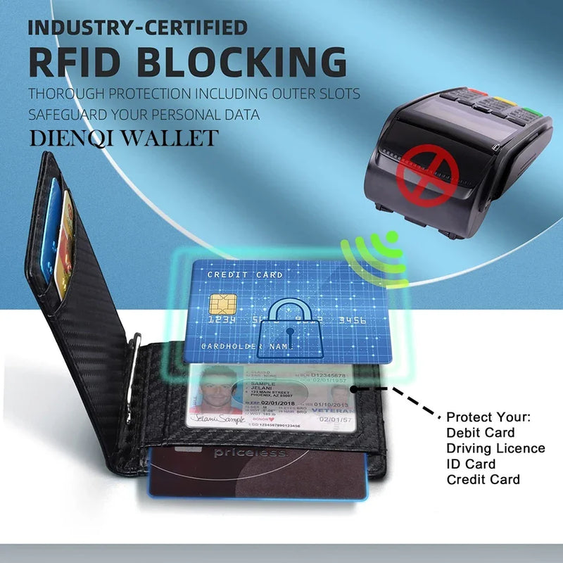 Carteira Masculina Slim em Couro Sintético – Porta-Cartões com Clipe de Dinheiro, Proteção RFID e Design Fino Dobrável