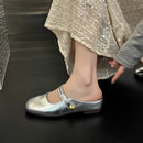 Novo Chinelo Feminino 2025 Estilo Francês – Mule Prata de Bico Aberto com Palmilha Elevada e Solado Macio