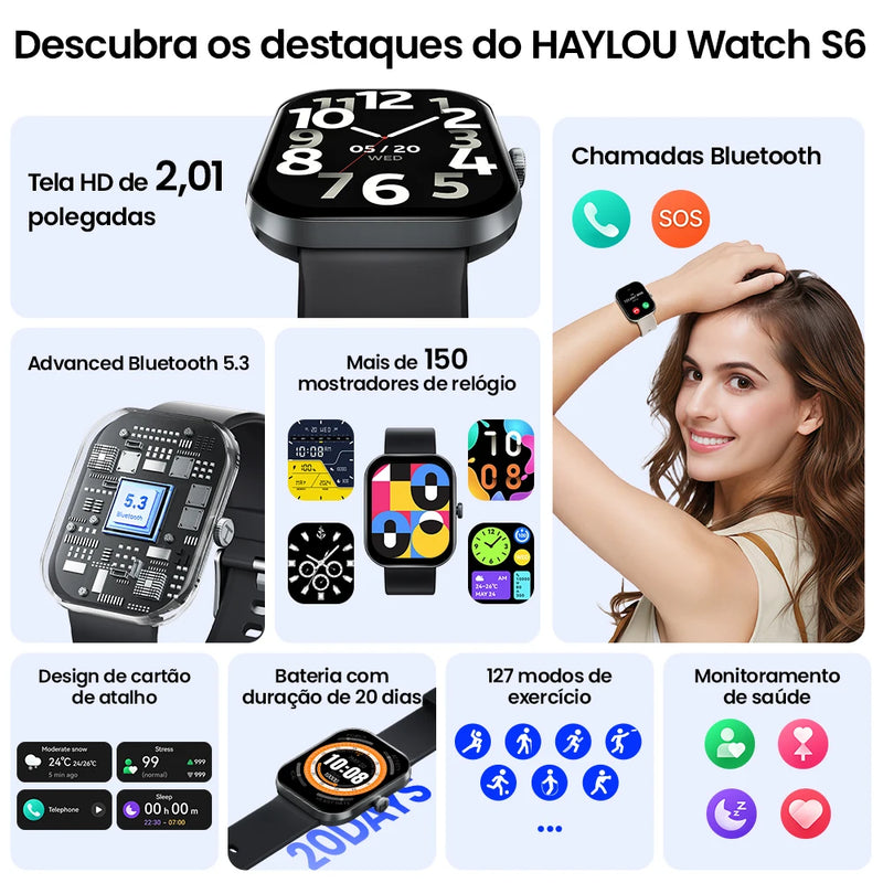 HAYLOU Watch S6 – Smartwatch com Tela HD 2.01", Chamadas por Bluetooth, IP68, Monitoramento Fitness