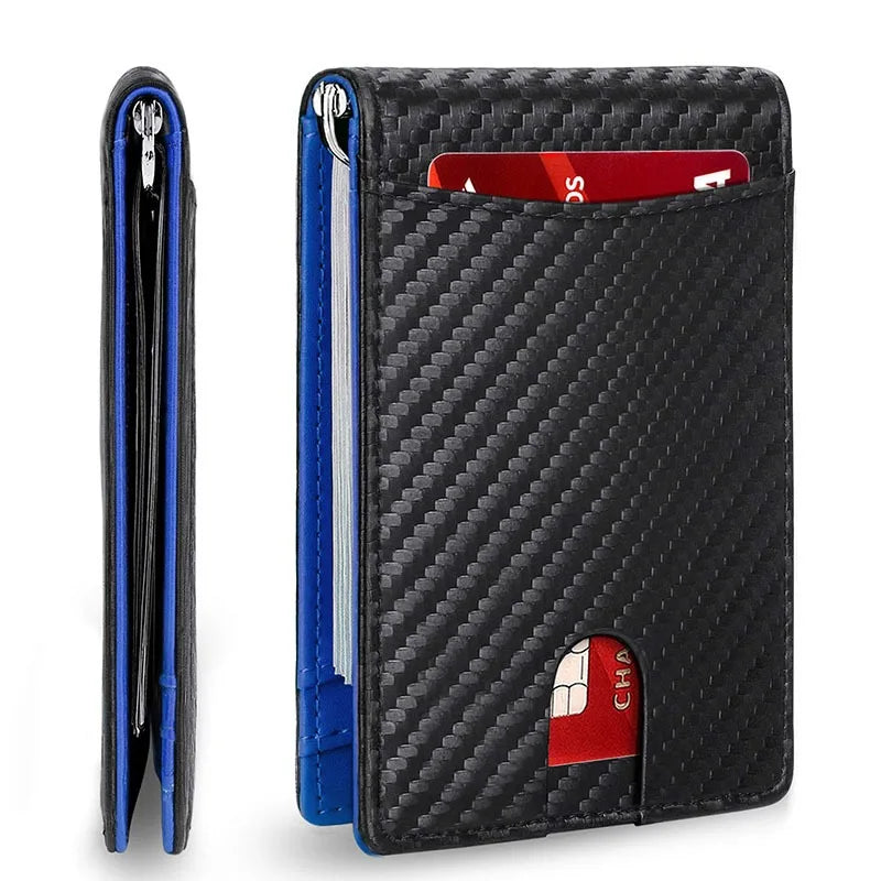 Carteira Masculina Slim em Couro Sintético – Porta-Cartões com Clipe de Dinheiro, Proteção RFID e Design Fino Dobrável